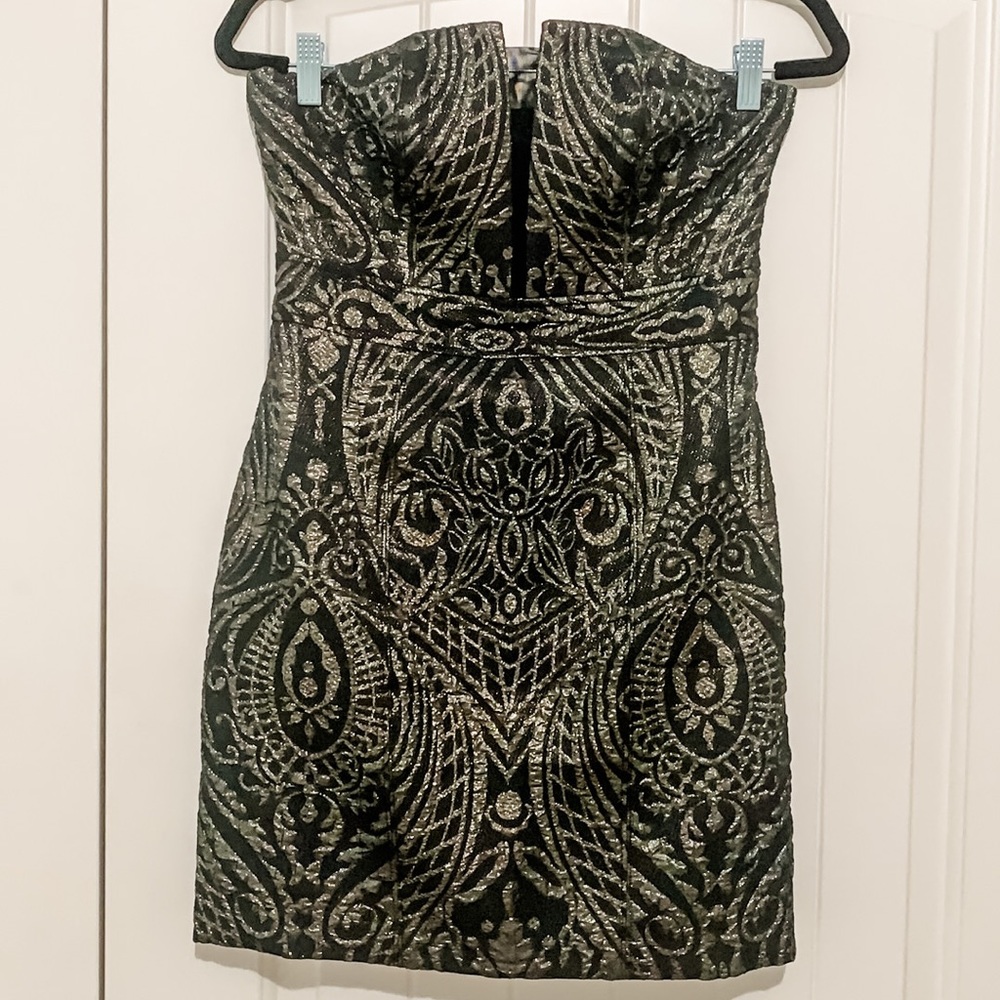 Express Black & Gold Strapless Dress